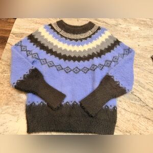 Love At First Find Fuzzy Eyelash Knit Sweater Small Blue Brown Colorblock